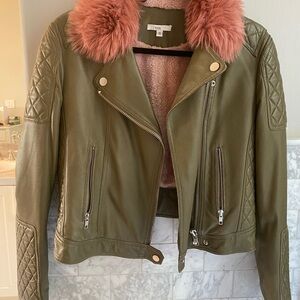 Olive Leather Jacket with Pink Fur Collar